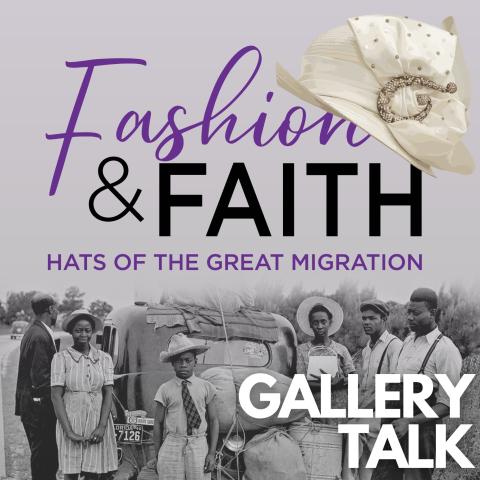Fashion & Faith title text over black and white mid-20th century photo of six members of an African American family surrounding a vehicle packed with their belongings 