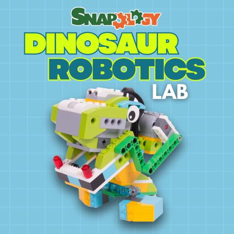 Dinosaur Robotics Lab title text over an image of a snapology constructed dinosaur